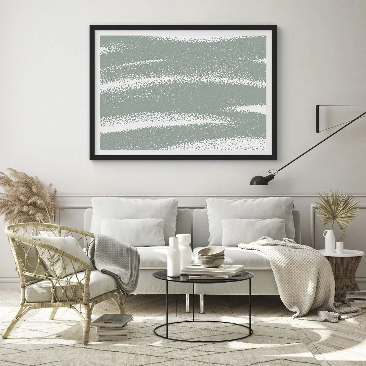 Plakat w czarnej ramie - Zimowe fale w odcieniach mięty i bieli - 70x50cm - Abstrakcja w zimowym klimacie - Nowoczesna dekoracja ścienna do salonu i sypialni ARTTOR