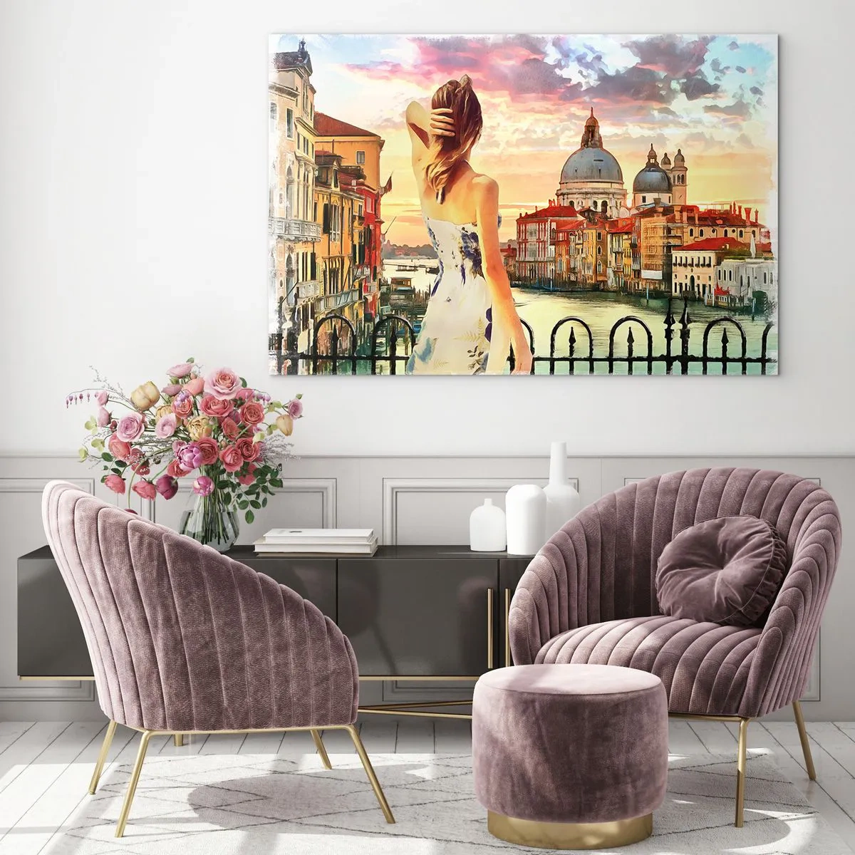 Obraz na szkle - Kobieta podziwiająca widok Wenecji o zachodzie słońca - 70x50cm - Jak przygoda to tylko w … - Nowoczesna dekoracja ścienna do salonu i sypialni ARTTOR