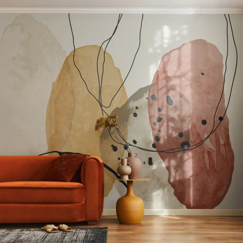Fototapeta Premium Sand - Abstrakcyjne plamy akwarelowe z czarnymi liniami - 100x70cm - Jak powietrze lekkie, przejrzyste - Nowoczesna dekoracja ścienna do salonu, kuchni i sypialni ARTTOR