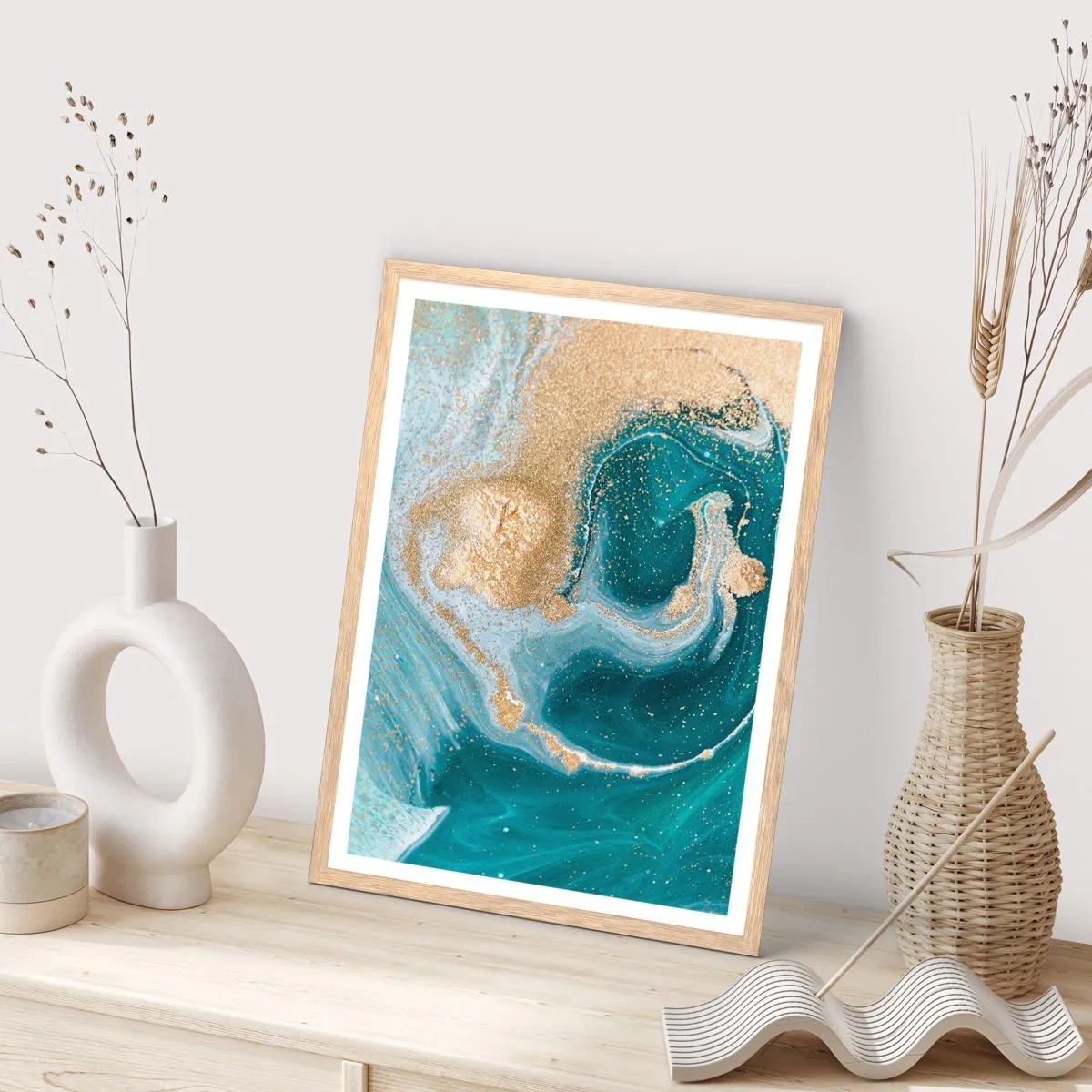 Plakat w ramie jasny dąb - Wir złota i turkusu - 30x40 cm