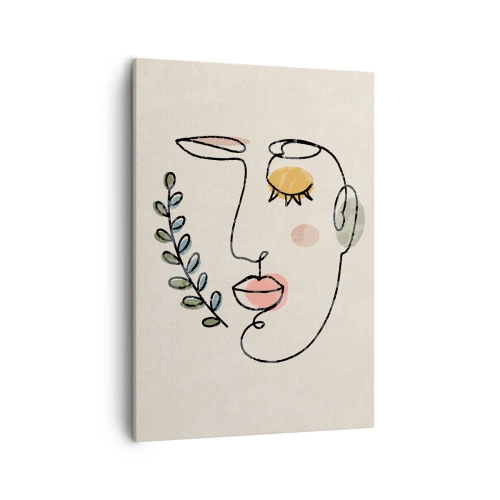 Obraz na płótnie - Minimalistyczny rysunek twarzy z roślinnym motywem na jasnym tle - 50x70cm - Spokój odnaleziony - Nowoczesna dekoracja ścienna do salonu, kuchni i sypialni ARTTOR