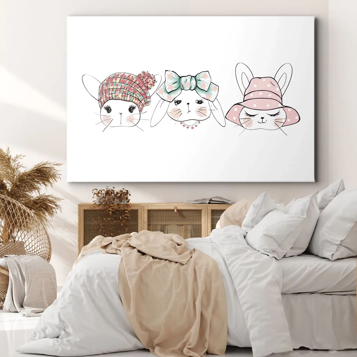Obraz na płótnie - Urocze króliczki w pastelowych nakryciach głowy - 70x50cm - Zamyślona, smutna, zadowolona - Nowoczesna dekoracja ścienna do salonu i sypialni ARTTOR