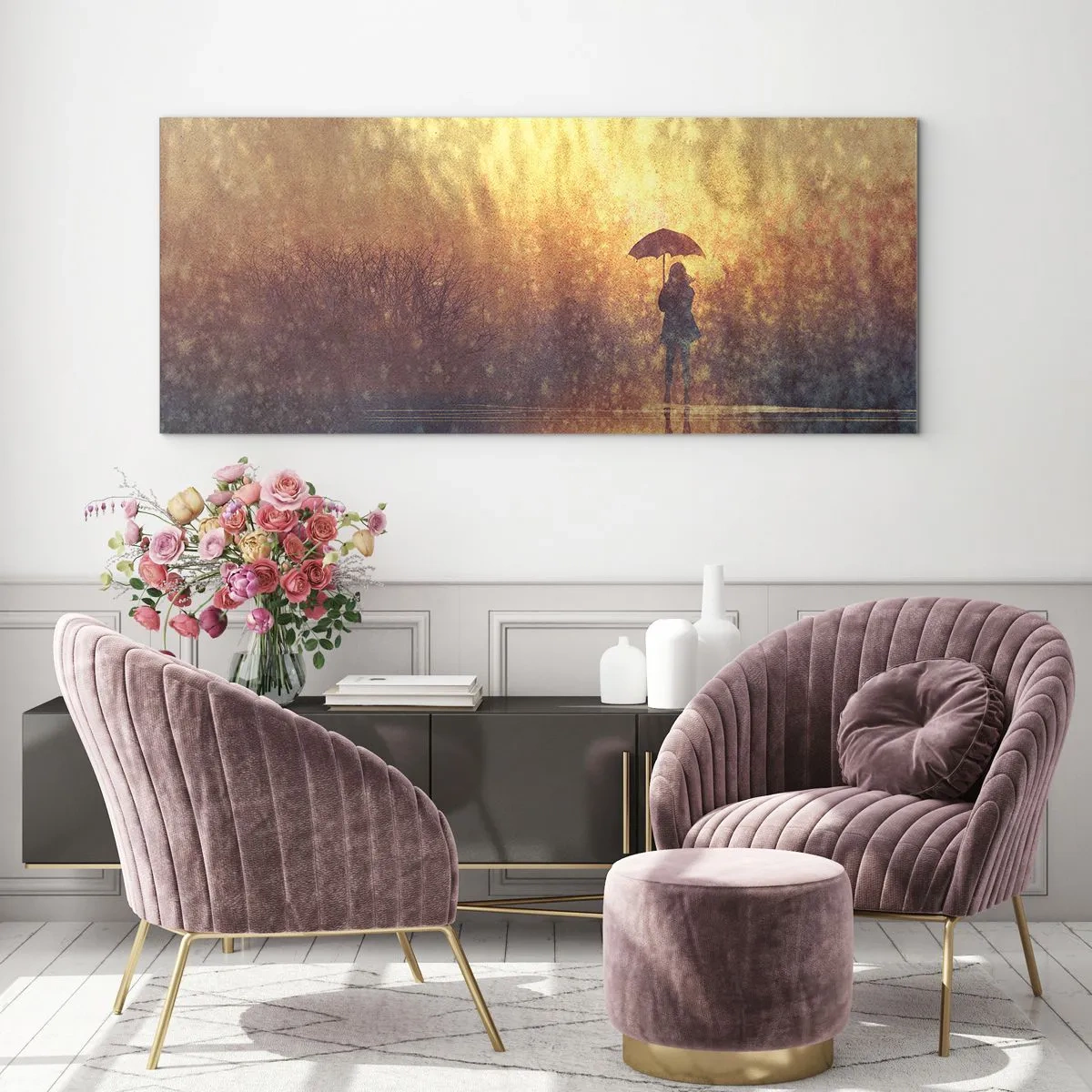 Obraz na szkle - Postać z parasolem w mglistym krajobrazie pełnym refleksji - 120x50cm - Czuję, że ktoś na mnie patrzy - Nowoczesna dekoracja ścienna do salonu i sypialni ARTTOR