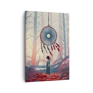 Obraz na płótnie - Leśna scena z wielkim łapaczem snów - 70x100cm - Tajemny rytuał szczęścia - Nowoczesna dekoracja ścienna do salonu i sypialni ARTTOR