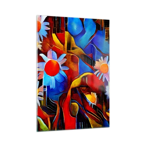 Obraz na szkle - Kolorowe abstrakcyjne kwiaty na tle intensywnych barw - 50x70cm - Kolory życia - Nowoczesna dekoracja ścienna do salonu, kuchni i sypialni ARTTOR