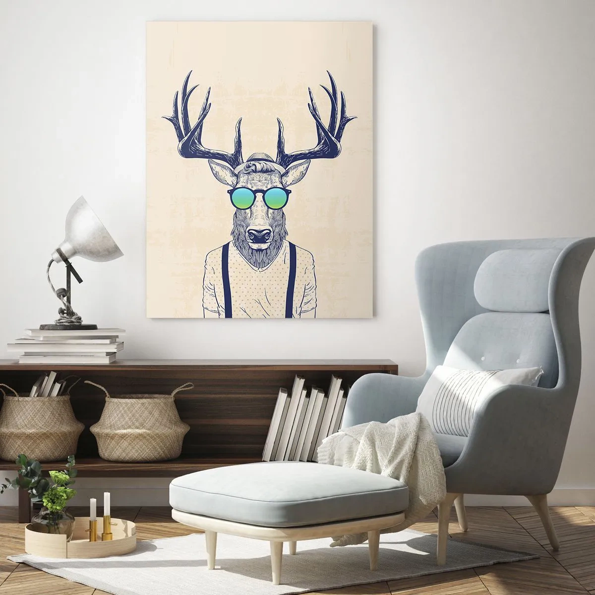 Obraz na szkle - Elegancki jeleń w okularach przeciwsłonecznych na jasnym tle - 50x70cm - A kogo się spodziewałeś? - Nowoczesna dekoracja ścienna do salonu, kuchni i sypialni ARTTOR