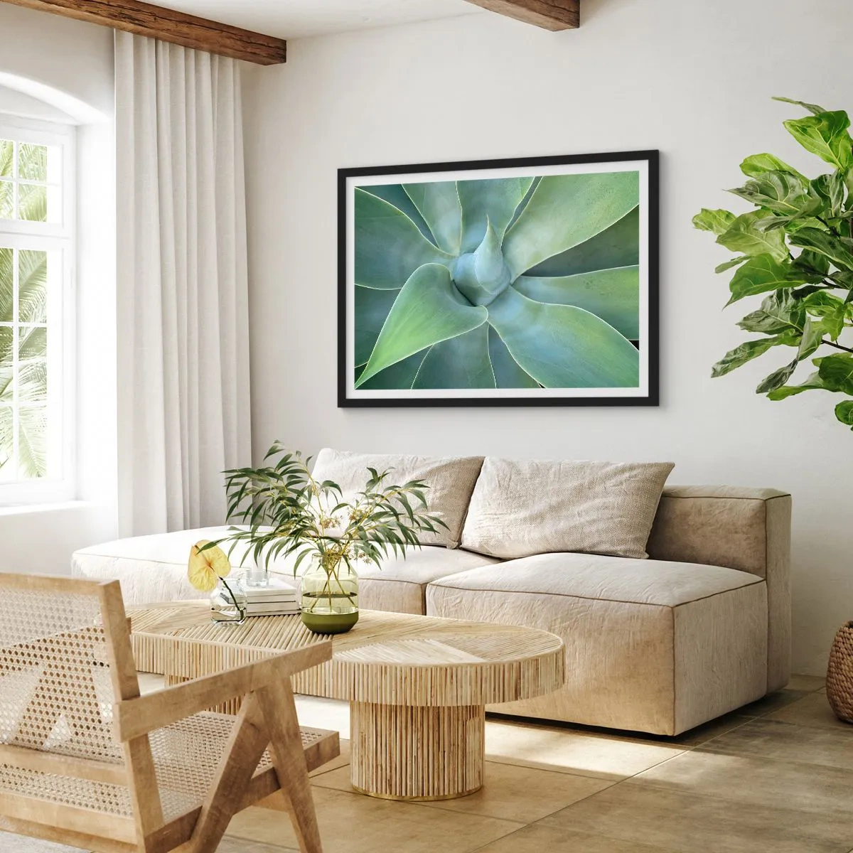 Plakat w czarnej ramie - Subtelne liście agawy w odcieniach zieleni - 70x50cm - Narodziny zieleni - Nowoczesna dekoracja ścienna do salonu i sypialni ARTTOR