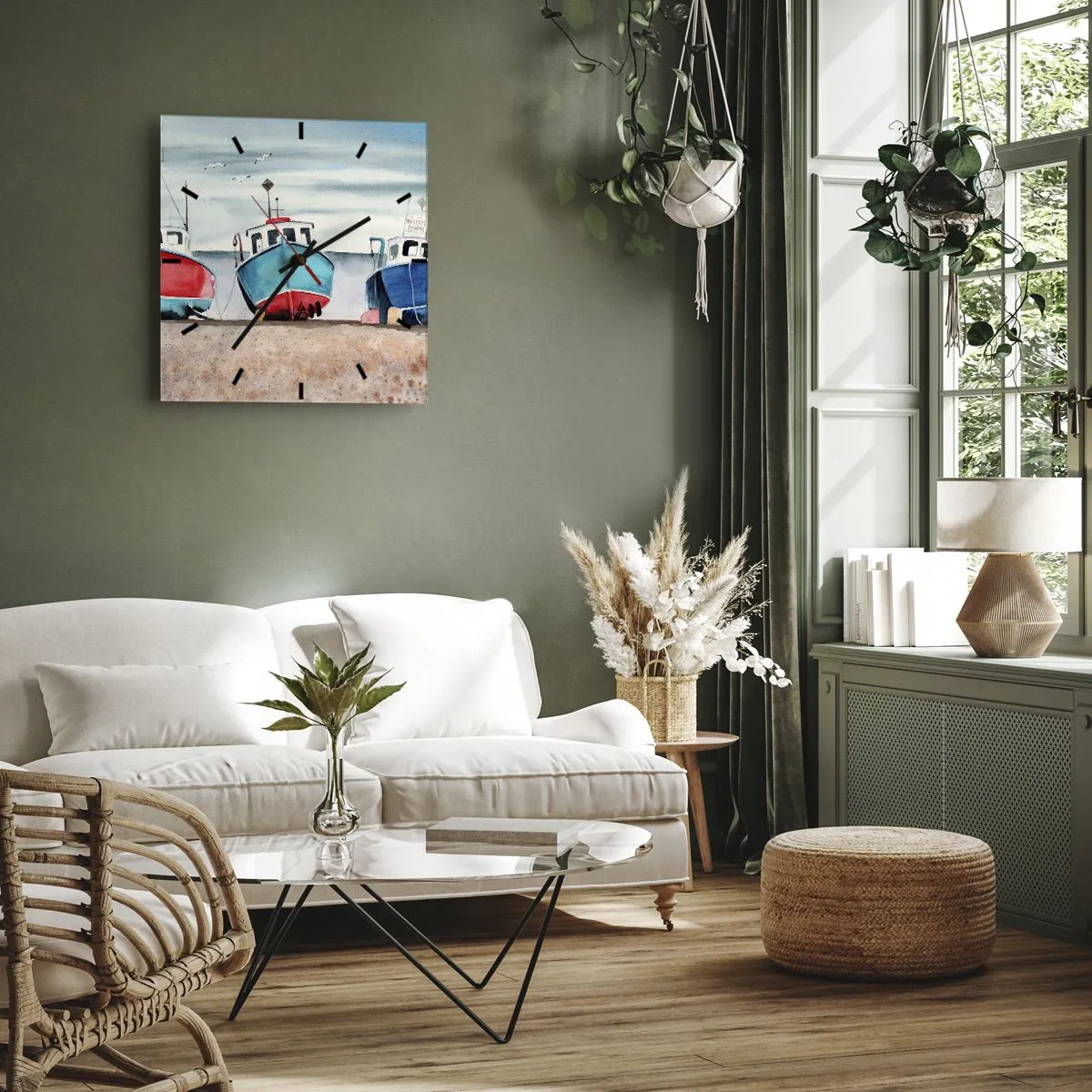 Zegar ścienny - Kolorowe łodzie rybackie na brzegu w morskiej scenerii - 30x30cm - Gotowe na połów - Nowoczesna dekoracja ścienna do salonu i sypialni ARTTOR