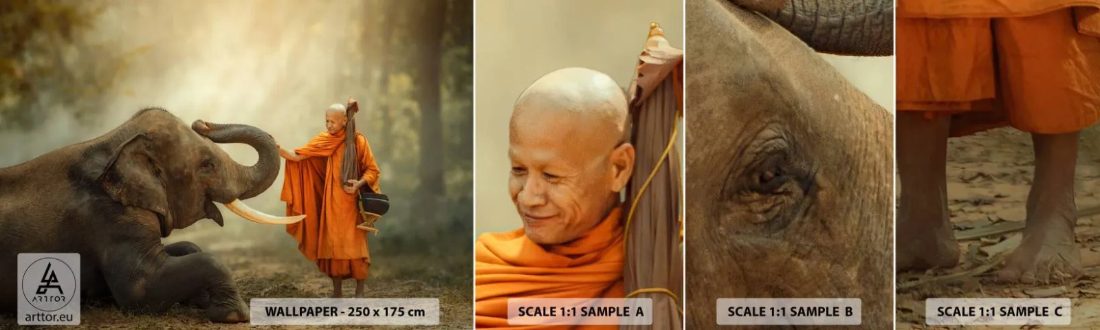 Fototapeta Próbka Samoprzylepna Deluxe Sticker - Spotkanie w podróży - Azja, Słoń, Mnich - 100x30 cm