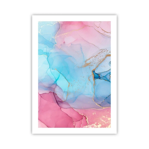Plakat - Abstrakcyjne plamy w odcieniach różu, błękitu i złota - 50x70cm - Spotkanie i przenikanie - Nowoczesna dekoracja ścienna do salonu, kuchni i sypialni ARTTOR