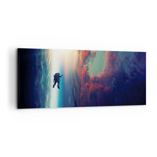 Obraz na płótnie - Astronauta unoszący się w kosmosie nad kolorową Ziemią - 120x50cm - Mierzyć się ze wszechświatem - Nowoczesna dekoracja ścienna do salonu i sypialni ARTTOR
