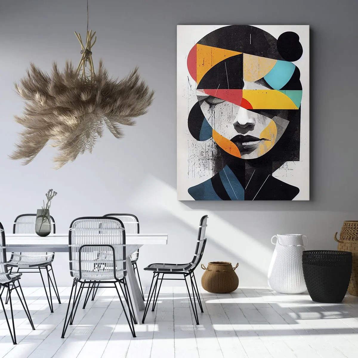 Obraz na płótnie - Abstrakcyjny portret kobiety w geometrycznych kolorowych kształtach - 50x70cm - Portret wewnętrzny wielobarwny - Nowoczesna dekoracja ścienna do salonu, kuchni i sypialni ARTTOR