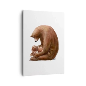 Obraz na płótnie - Mama niedźwiedzica przytulająca dwa małe misie na białym tle - 50x70cm - Słodkich snów, dzieciaki - Nowoczesna dekoracja ścienna do salonu, kuchni i sypialni ARTTOR