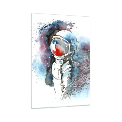 Obraz na szkle - Kosmonauta w dynamicznej akwareli z kosmicznymi detalami - 70x100cm - Sam na sam z kosmosem - Nowoczesna dekoracja ścienna do salonu i sypialni ARTTOR