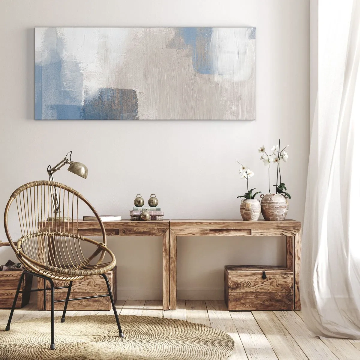 Obraz na płótnie - Abstrakcja różowa za zasłoną błękitu - 100x40 cm