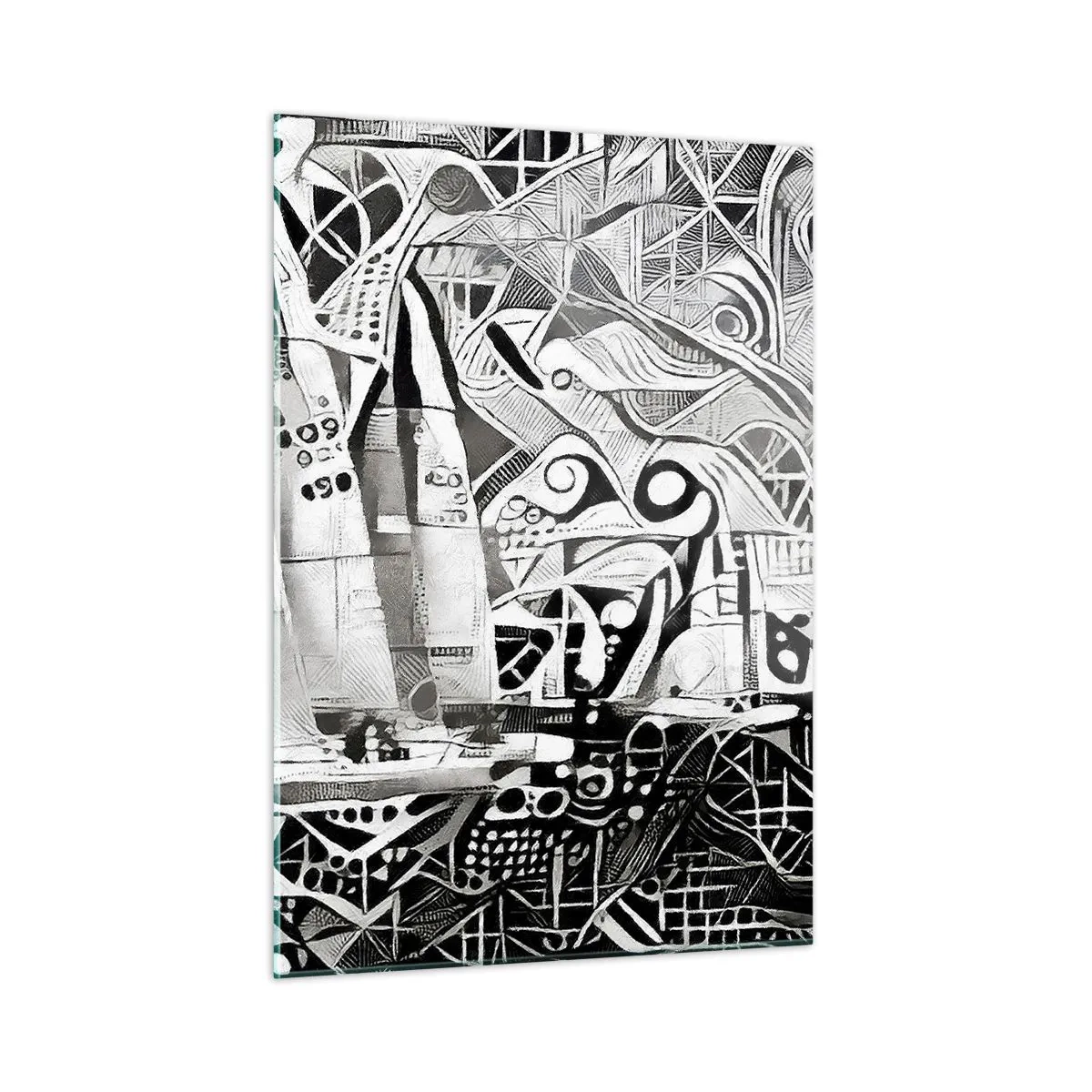 Obraz na szkle - Czarno-biała abstrakcja z żaglówkami i geometrycznymi wzorami - 50x70cm - Między falami - Nowoczesna dekoracja ścienna do salonu, kuchni i sypialni ARTTOR