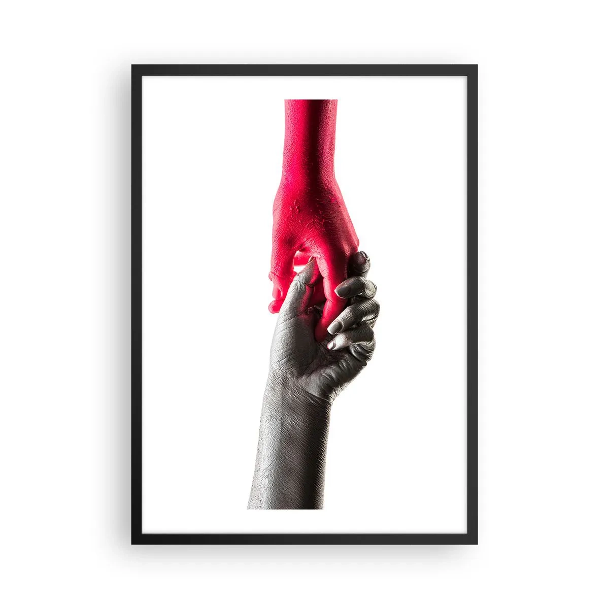 Plakat w czarnej ramie - Symboliczne ręce w czerwonej i srebrnej barwie na białym tle - 50x70cm - Razem, choć inni - Nowoczesna dekoracja ścienna do salonu i sypialni ARTTOR