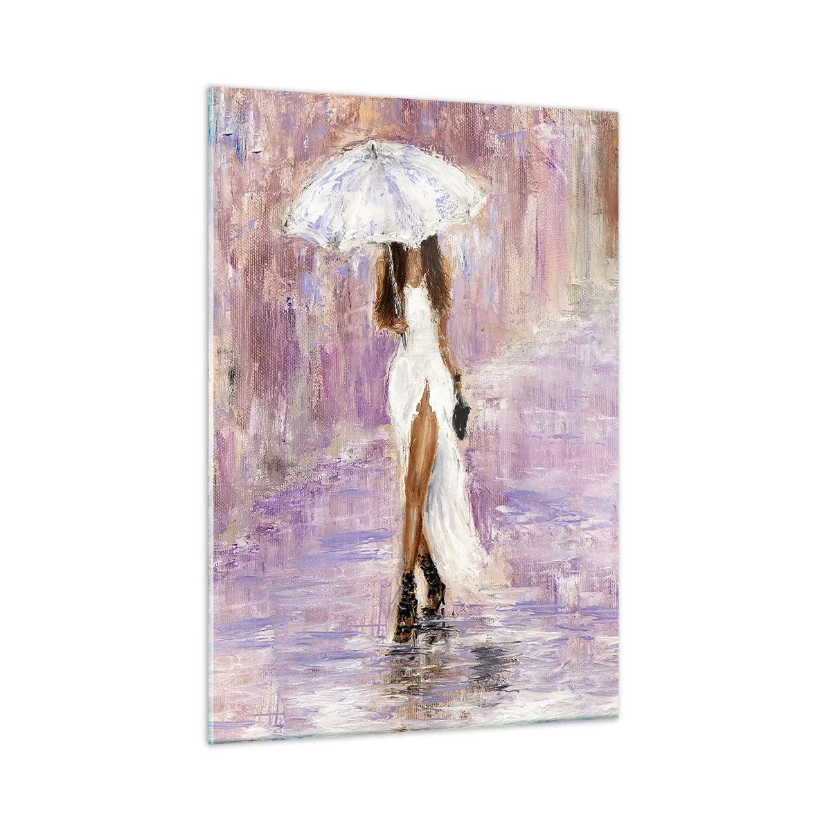 Obraz na szkle - Postać kobiety z parasolką w liliowej scenerii deszczu - 50x70cm - W liliowym deszczu - Nowoczesna dekoracja ścienna do salonu, kuchni i sypialni ARTTOR