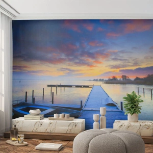 Fototapeta Premium Canvas - Fioletowo-złoty spokój - Krajobraz, Jezioro, Łódka - 200x140 cm