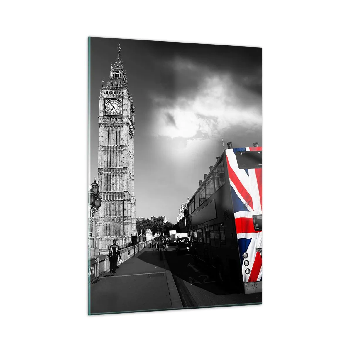 Obraz na szkle - Big Ben i autobus z flagą Wielkiej Brytanii - 50x70cm - Dumna i wielka - Nowoczesna dekoracja ścienna do salonu, kuchni i sypialni ARTTOR