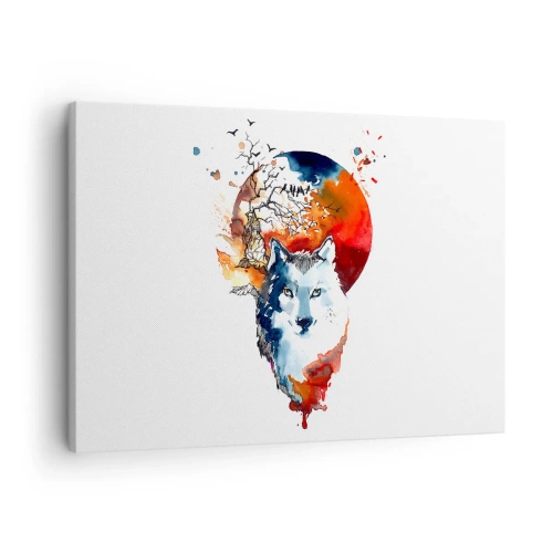 Obraz na płótnie - Abstrakcyjna akwarela wilka na tle czerwonego księżyca - 70x50cm - Nos w nos z nocą - Nowoczesna dekoracja ścienna do salonu i sypialni ARTTOR