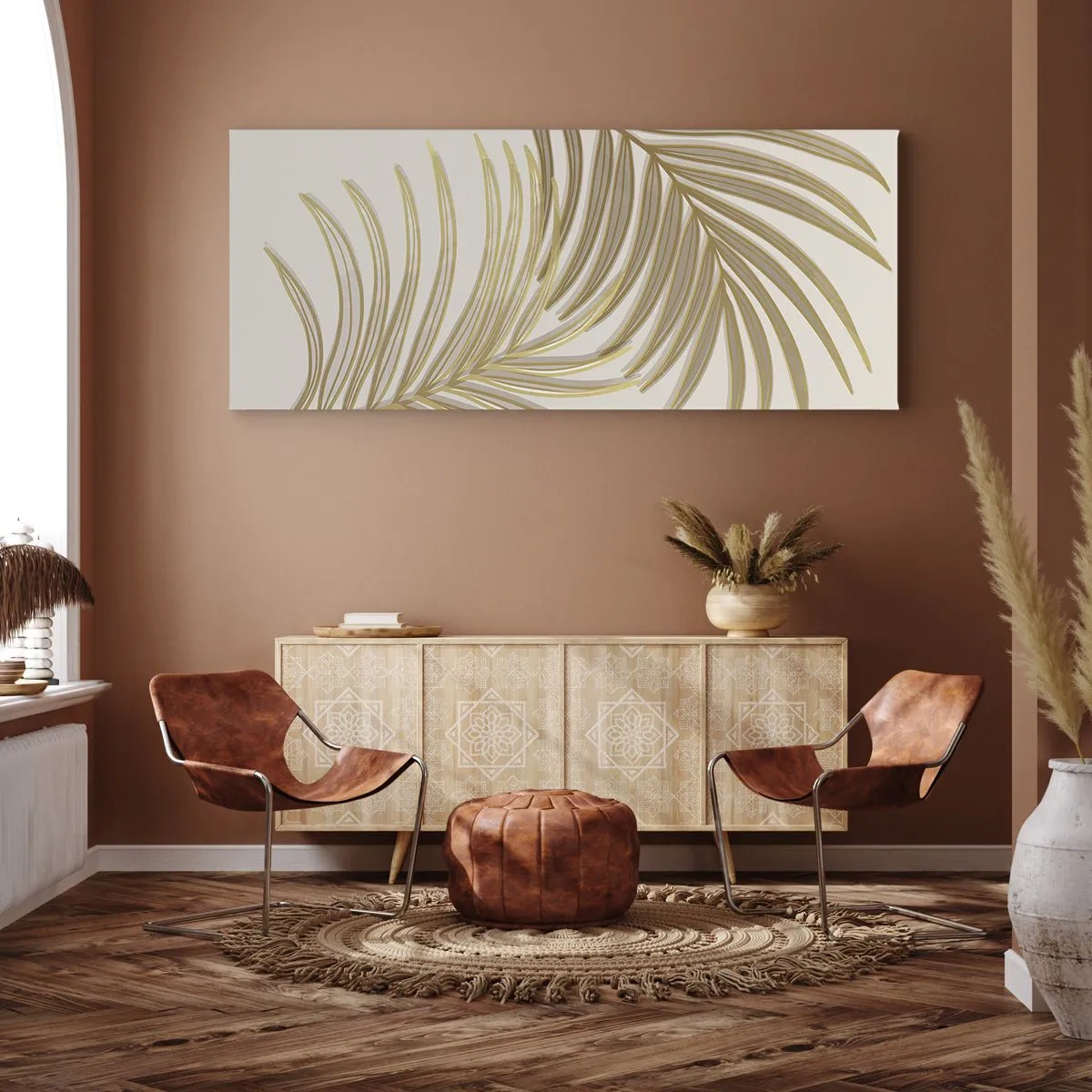 Obraz na płótnie - Złote liście palmowe na jasnym tle w minimalistycznym stylu - 160x50cm - Złota Palma! - Nowoczesna dekoracja ścienna do salonu i sypialni ARTTOR