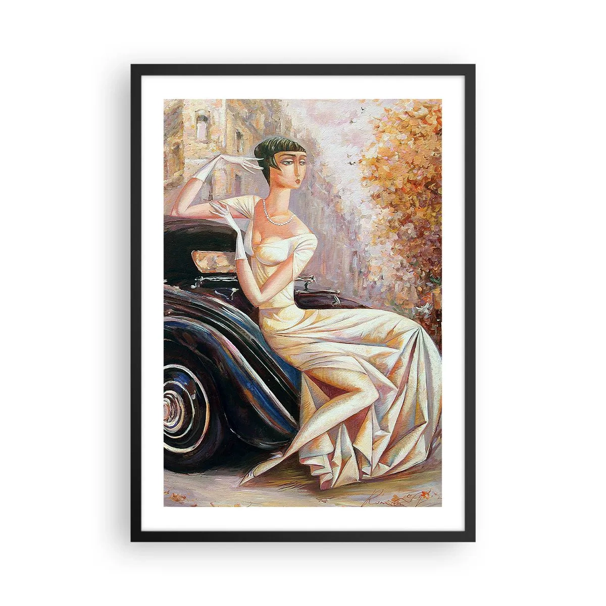 Plakat w czarnej ramie - Elegancka kobieta przy retro samochodzie w malarskim stylu - 50x70cm - Elegancja w stylu retro - Nowoczesna dekoracja ścienna do salonu i sypialni ARTTOR