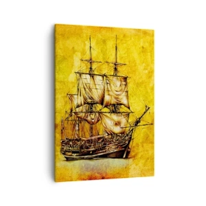 Obraz na płótnie - Zabytkowy żaglowiec na żółtym tle w stylu retro - 50x70cm - Kierunek Tortuga! - Nowoczesna dekoracja ścienna do salonu, kuchni i sypialni ARTTOR