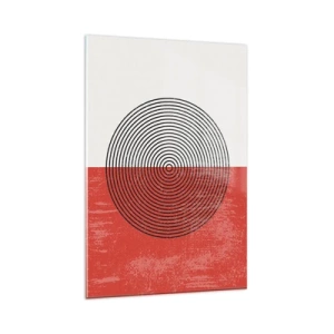 Obraz na szkle - Geometryczny wzór z koncentrycznymi kołami na czerwono-białym tle - 80x120cm - W samo sedno - Nowoczesna dekoracja ścienna do salonu i sypialni ARTTOR