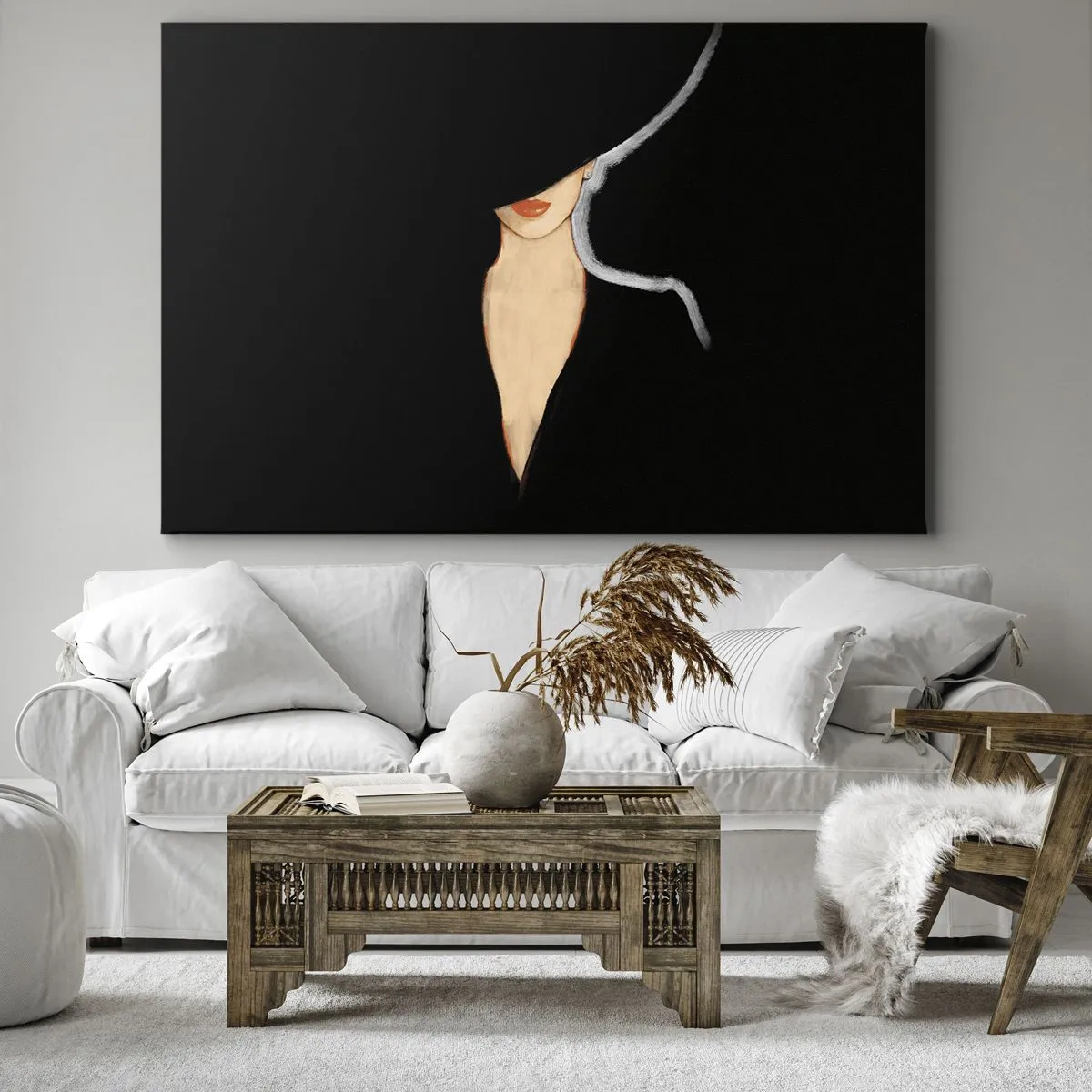 Obraz na płótnie - Sylwetka kobiety w kapeluszu na czarnym tle - 70x50cm - Elegancja i styl - Nowoczesna dekoracja ścienna do salonu i sypialni ARTTOR