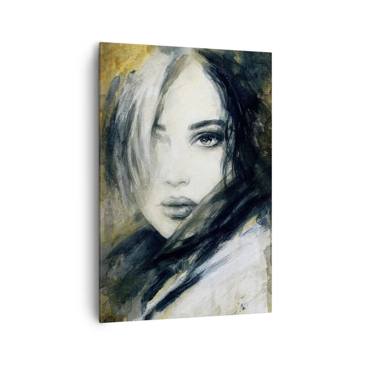 Obraz na płótnie - Portret kobiety na tle abstrakcyjnych plam w odcieniach beżu - 70x100cm - bardziej niewinna czy zmysłowa? - Nowoczesna dekoracja ścienna do salonu i sypialni ARTTOR