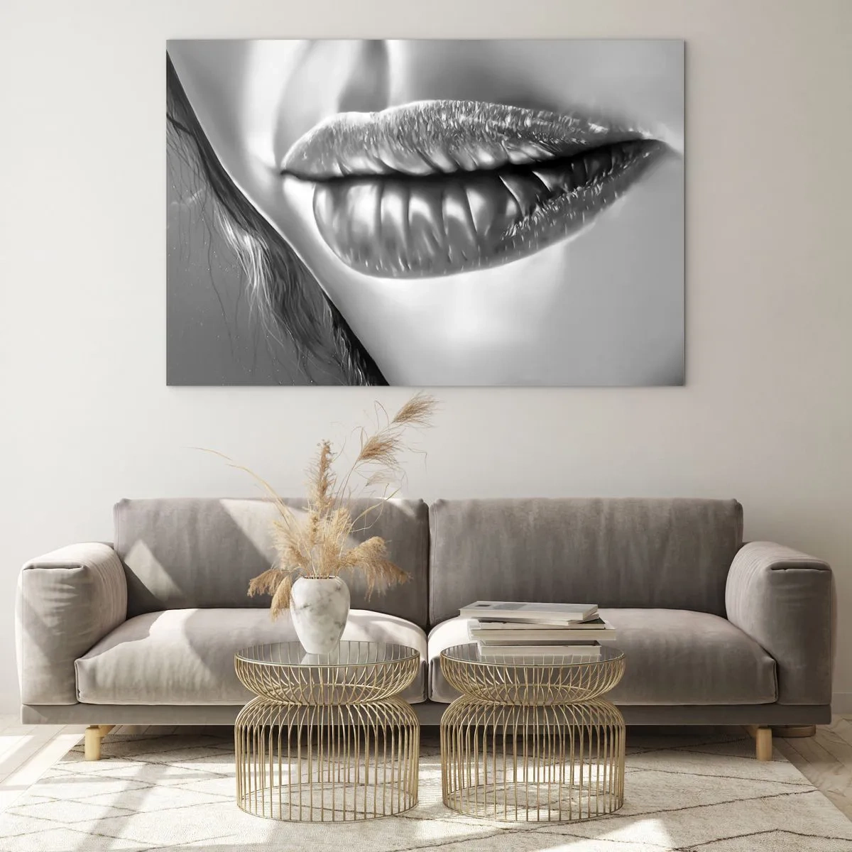 Obraz na szkle - Zmysłowe kobiece usta w monochromatycznej tonacji - 70x50cm - Wiem, o czym myślisz… - Nowoczesna dekoracja ścienna do salonu i sypialni ARTTOR