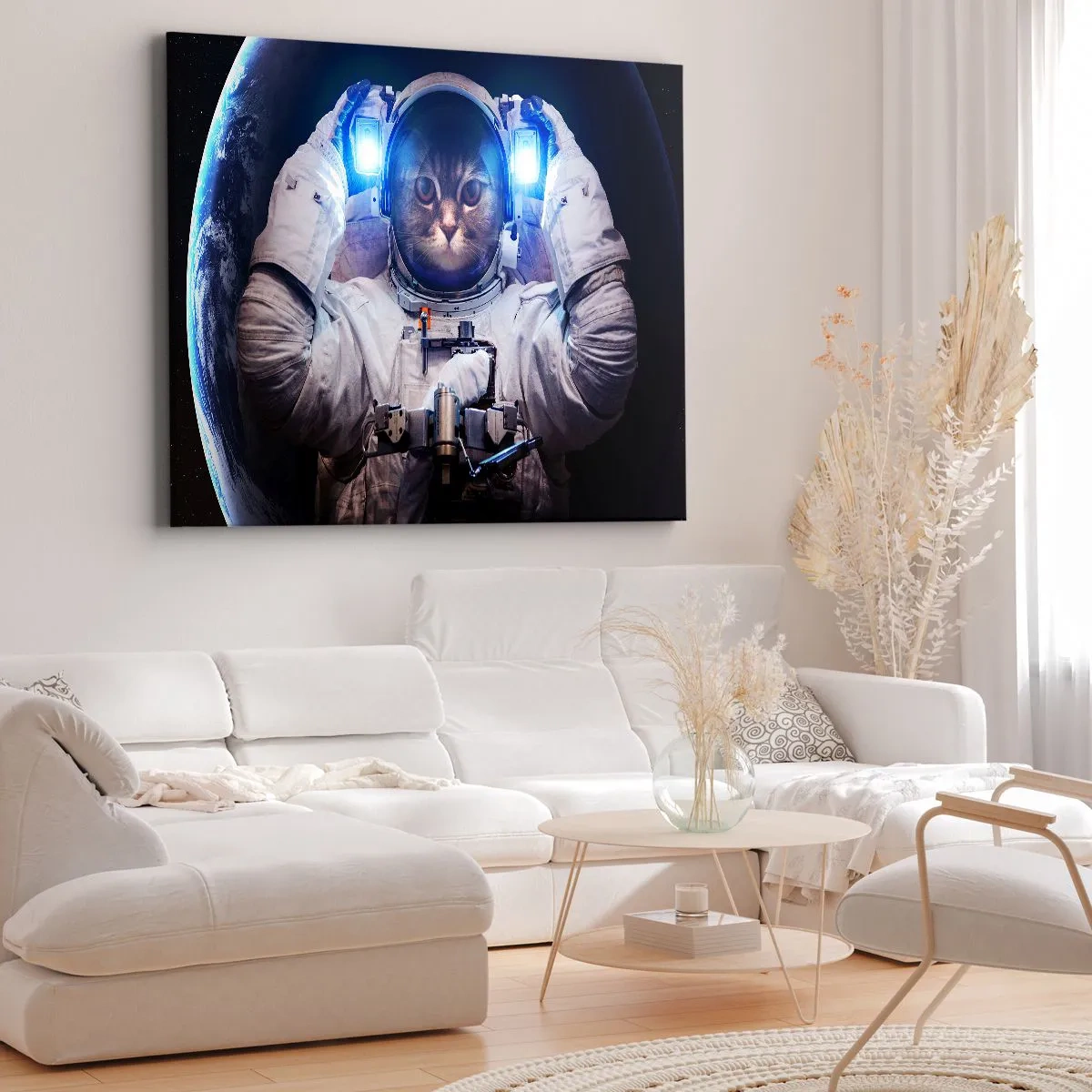 Obraz na płótnie - Kot w stroju astronauty z Ziemią w tle i jasnym światłem - 100x70cm - Houston, macie problem - Nowoczesna dekoracja ścienna do salonu, kuchni i sypialni ARTTOR