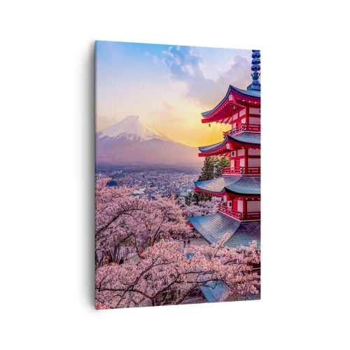 Obraz na płótnie - Pagoda w Japonii z kwitnącymi wiśniami i górą Fuji - 70x100cm - Esencja japońskiego ducha - Nowoczesna dekoracja ścienna do salonu i sypialni ARTTOR