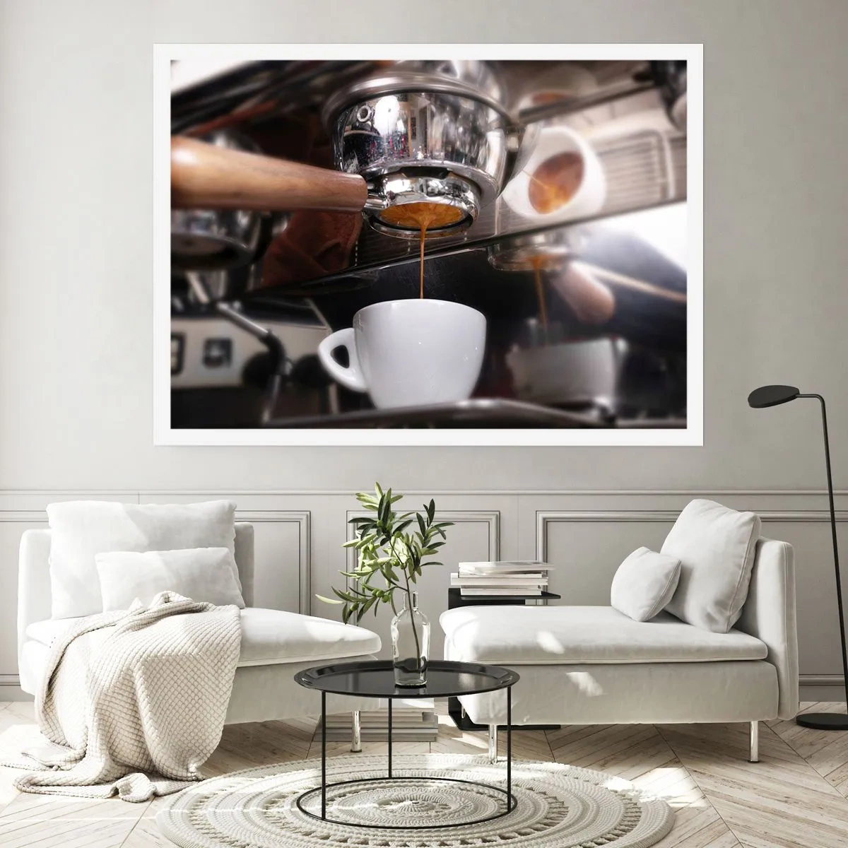 Plakat - Zbliżenie na ekspres do kawy przygotowujący świeże espresso - 100x70cm - Dobra chwila dnia - Nowoczesna dekoracja ścienna do salonu i sypialni ARTTOR