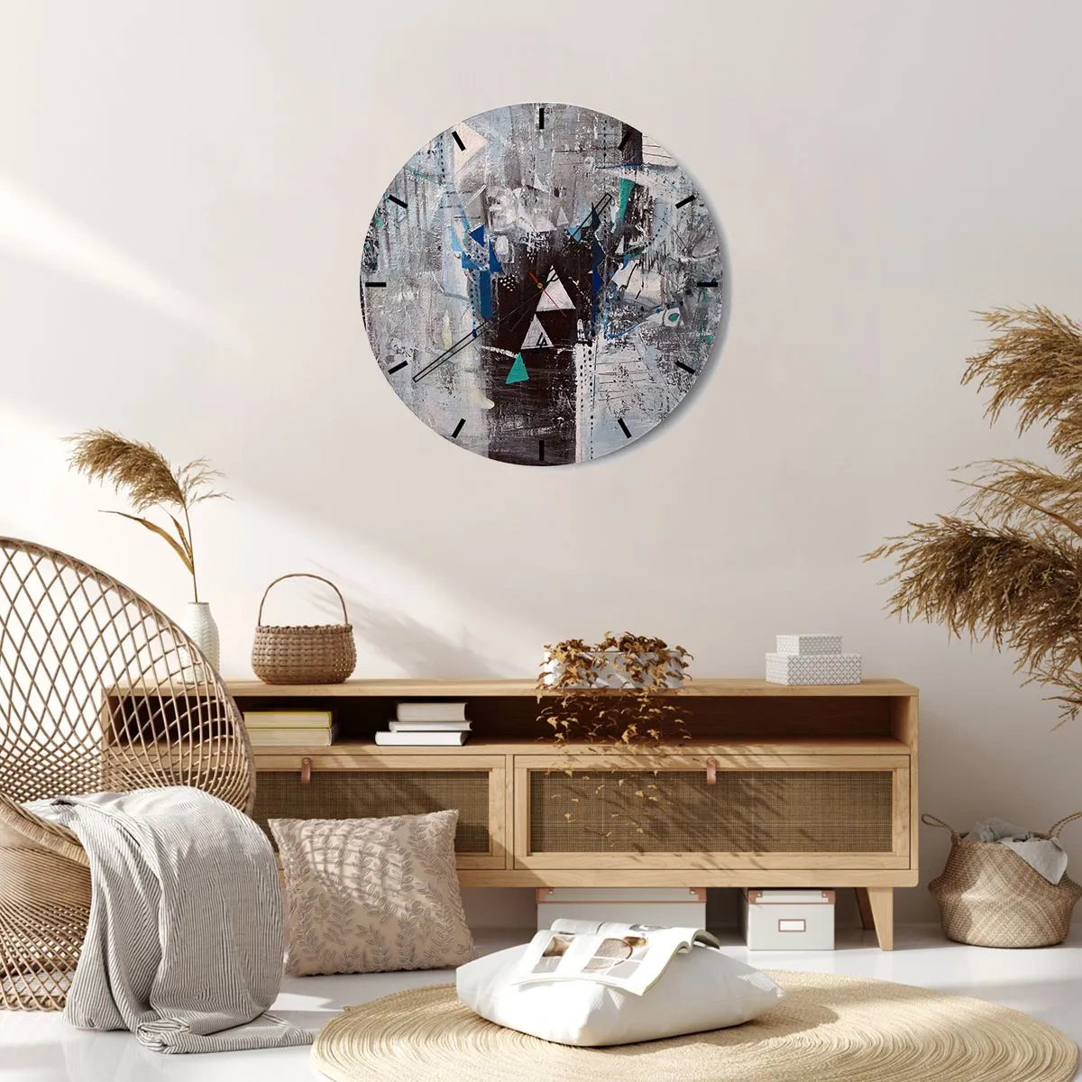 Zegar ścienny - Abstrakcyjny obraz w szarościach i błękitach - 30x30cm - Nadrzędny porządek trójkątów - Nowoczesna dekoracja ścienna do salonu, kuchni i sypialni ARTTOR