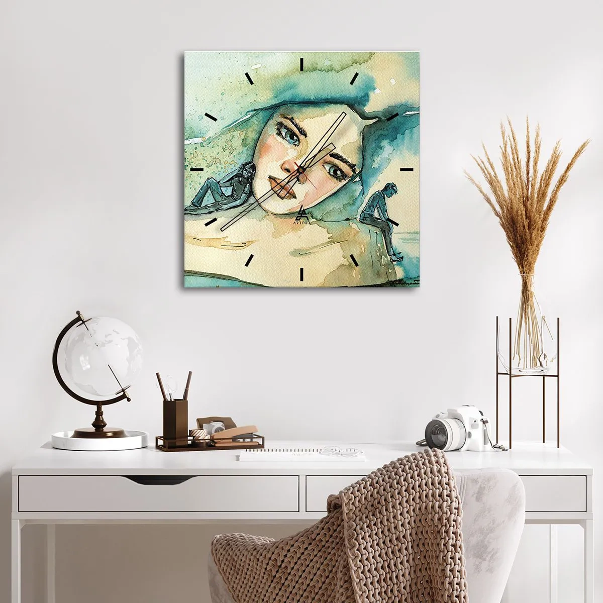 Zegar ścienny - Akwarela twarzy kobiety z refleksyjnym motywem - 30x30cm - Am I blue? - Nowoczesna dekoracja ścienna do salonu i sypialni ARTTOR