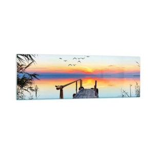 Obraz na szkle - Drewniany pomost nad jeziorem o zachodzie słońca - 160x50cm - Pora wracać… - Nowoczesna dekoracja ścienna do salonu i sypialni ARTTOR