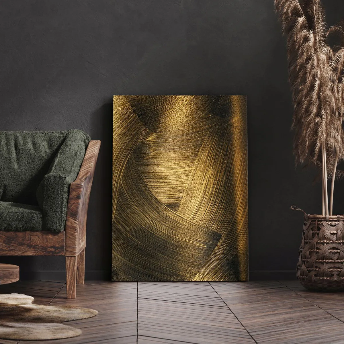 Obraz na płótnie - Złote abstrakcyjne pociągnięcia pędzla - 70x100cm - W złotym labiryncie - Nowoczesna dekoracja ścienna do salonu i sypialni ARTTOR