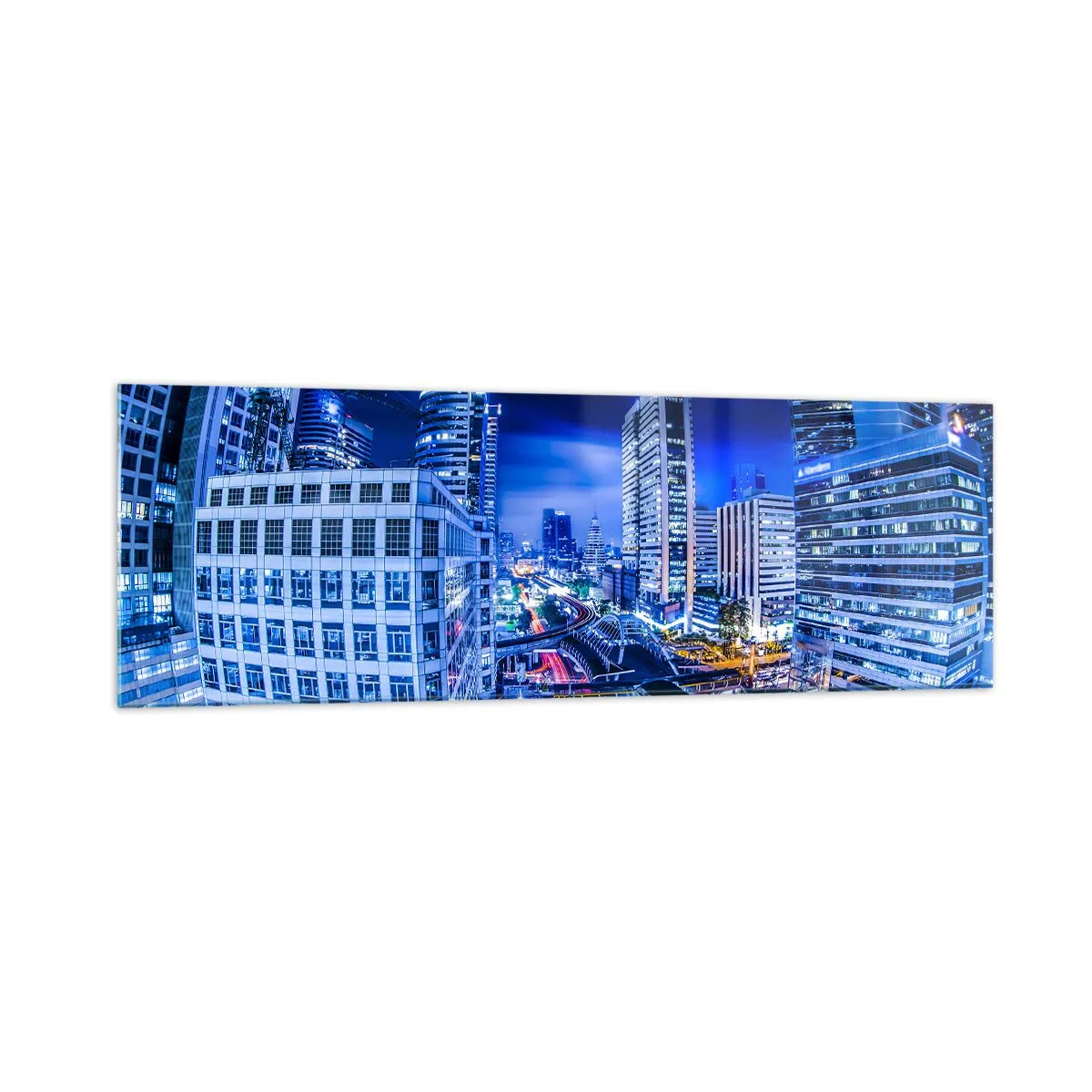 Obraz na szkle - Nocna panorama miasta z drapaczami chmur i światłami ulic - 160x50cm - Rytmy nocnego miasta - Nowoczesna dekoracja ścienna do salonu i sypialni ARTTOR