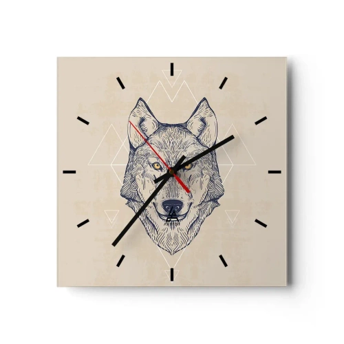 Zegar ścienny - Geometryczny wilk na jasnym tle z minimalistycznymi wzorami - 30x30cm - Alfa o przenikliwym spojrzeniu - Nowoczesna dekoracja ścienna do salonu i sypialni ARTTOR