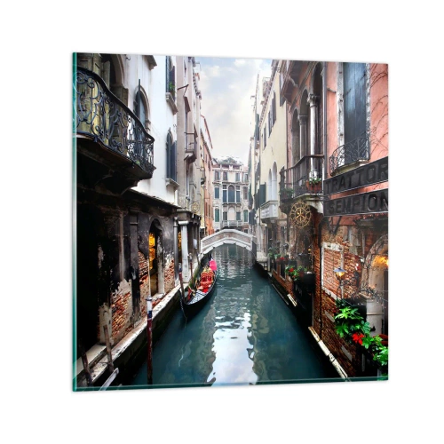 Obraz na szkle - Pejzaż wenecki z gondolą i mostkiem - 30x30 cm