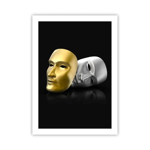 Plakat - Złota i srebrna maska na czarnym tle - 50x70cm - Życie to jest teatr - Nowoczesna dekoracja ścienna do salonu, kuchni i sypialni ARTTOR