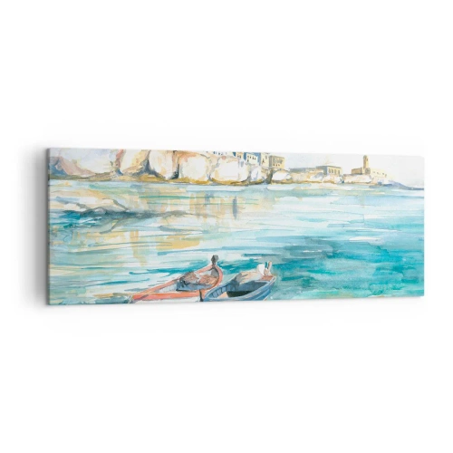 Obraz na płótnie - Malowniczy krajobraz nadmorski z łodziami na wodzie - 140x50cm - Pejzaż w lazurze - Nowoczesna dekoracja ścienna do salonu i sypialni ARTTOR