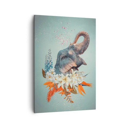 Obraz na płótnie - Słoń otoczony kolorowymi kwiatami na pastelowym tle - 50x70cm - Ryk radości - Nowoczesna dekoracja ścienna do salonu, kuchni i sypialni ARTTOR