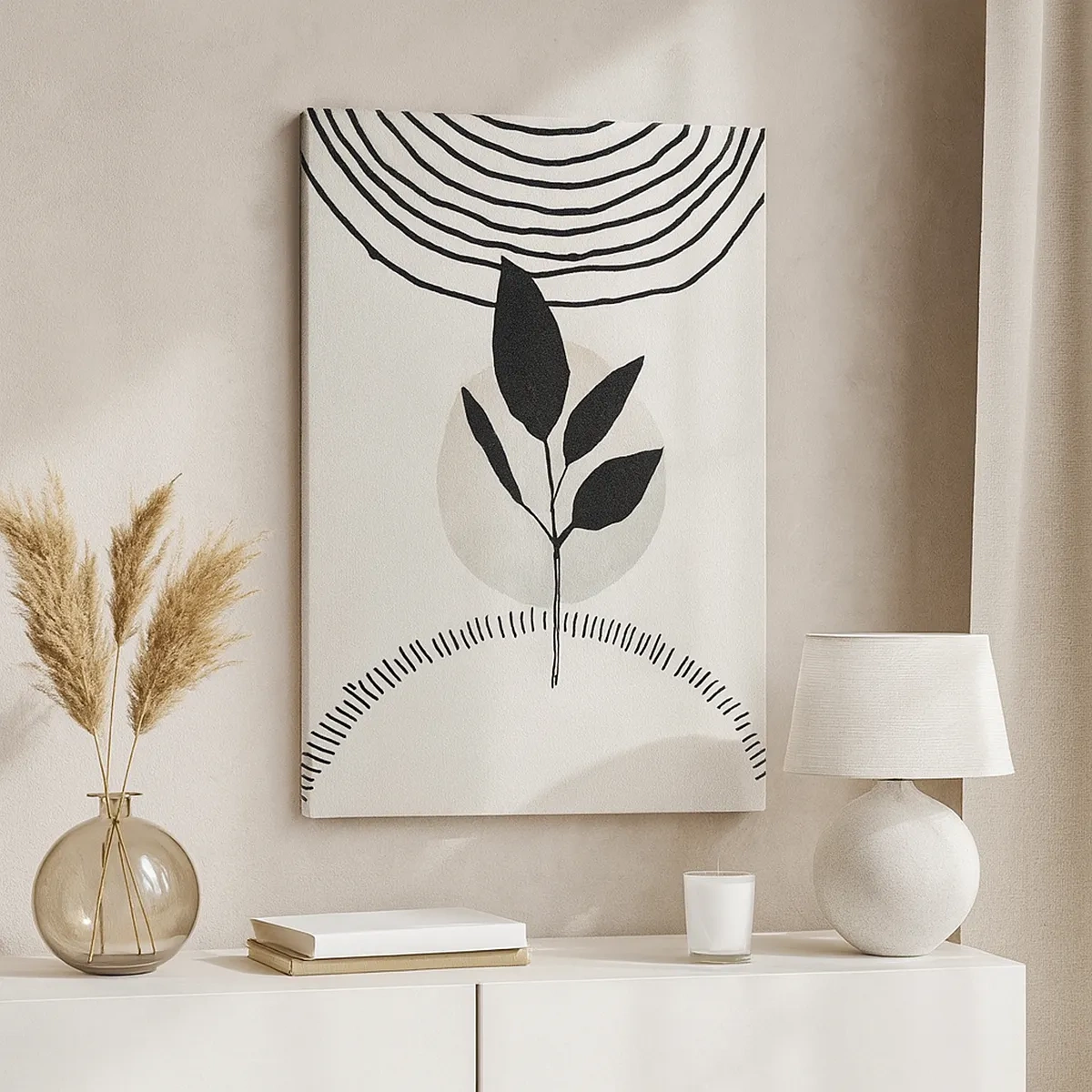 Obraz na płótnie - Minimalistyczna ilustracja rośliny z geometrycznymi elementami w czerni i bieli - 50x70cm - Kompozycja: rytuały natury - Nowoczesna dekoracja ścienna do salonu, kuchni i sypialni ARTTOR