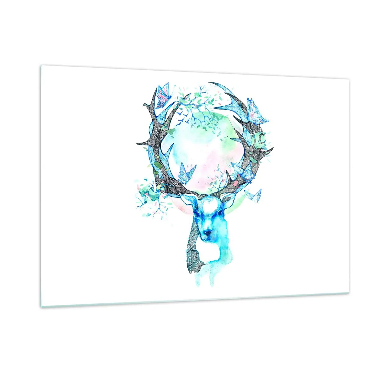 Obraz na szkle - Ilustracja przedstawiająca jelenia z motylami na rogach - 120x80cm - Siła i delikatność natury - Nowoczesna dekoracja ścienna do salonu, kuchni i sypialni ARTTOR