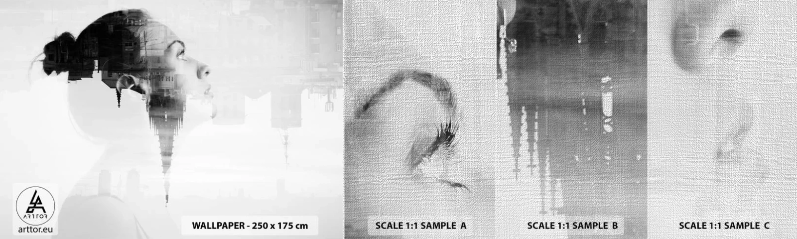 Fototapeta Próbka Premium Canvas - Po dwóch stronach szyby - Abstrakcja, Twarz Kobiety, Architektura - 100x30 cm