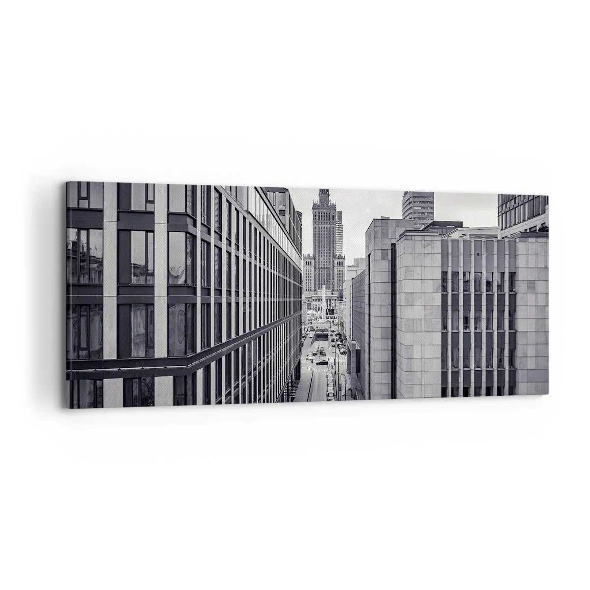 Obraz na płótnie - Panorama Warszawy z widokiem na Pałac Kultury i otaczające budynki - 120x50cm - Warszawska dolina - Nowoczesna dekoracja ścienna do salonu i sypialni ARTTOR