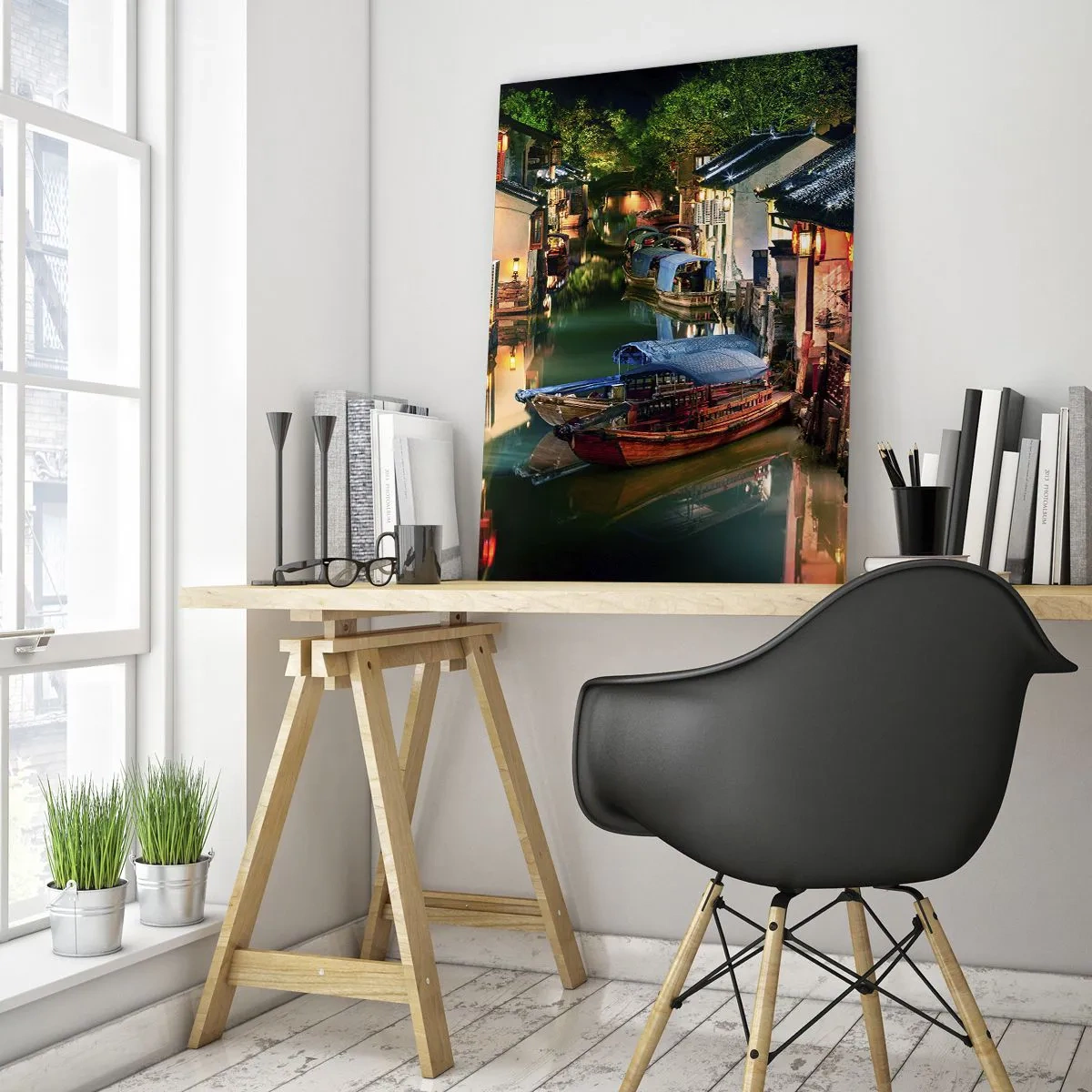 Obraz na szkle - Chińska ulica nocą z łodziami i światłami wzdłuż kanału - 50x70cm - Wieczór na chińskiej ulicy - Nowoczesna dekoracja ścienna do salonu, kuchni i sypialni ARTTOR
